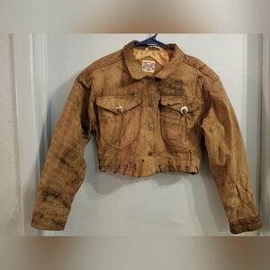 Vintage Brown Tan Leather Cropped Jacket Snaps Metal Stars Contempo Casuals